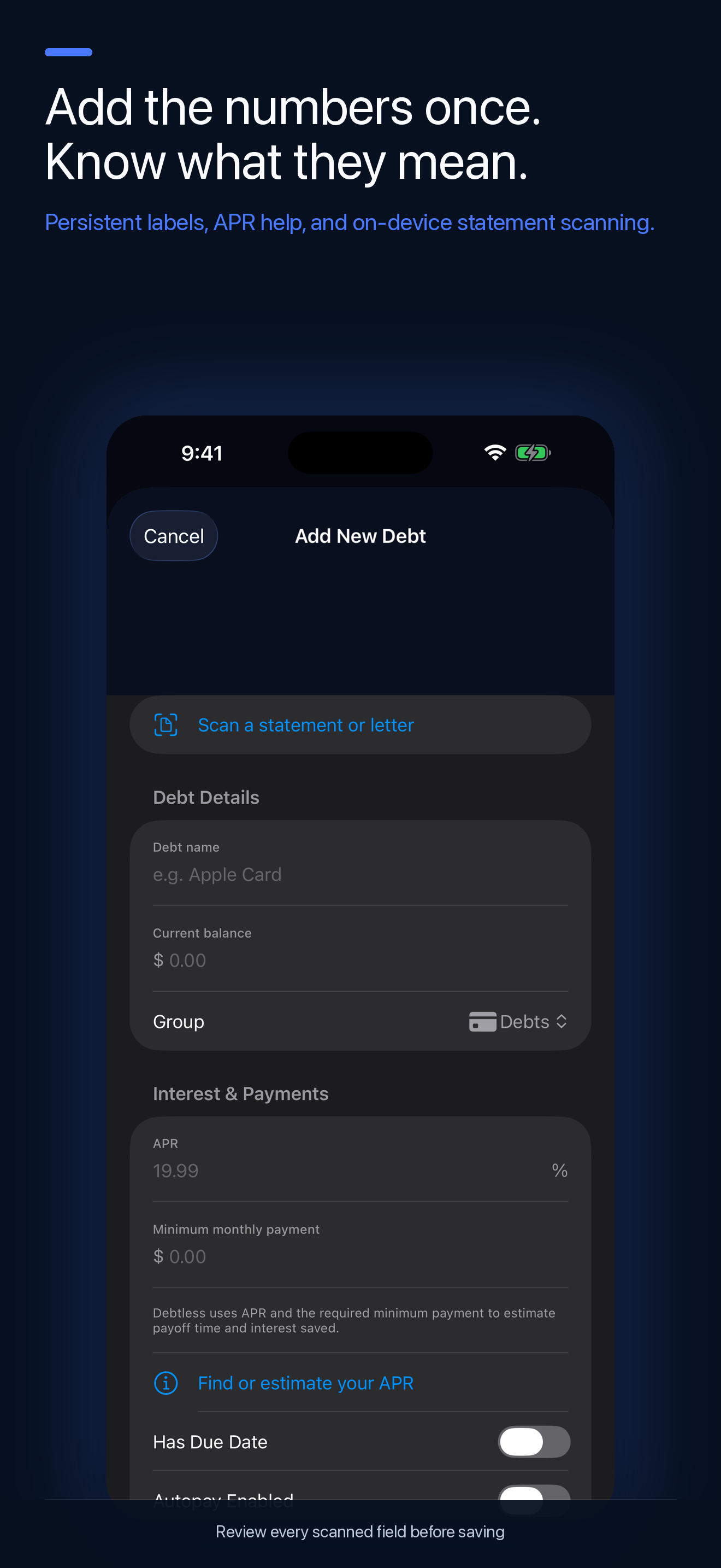 Labeled debt entry and APR help
