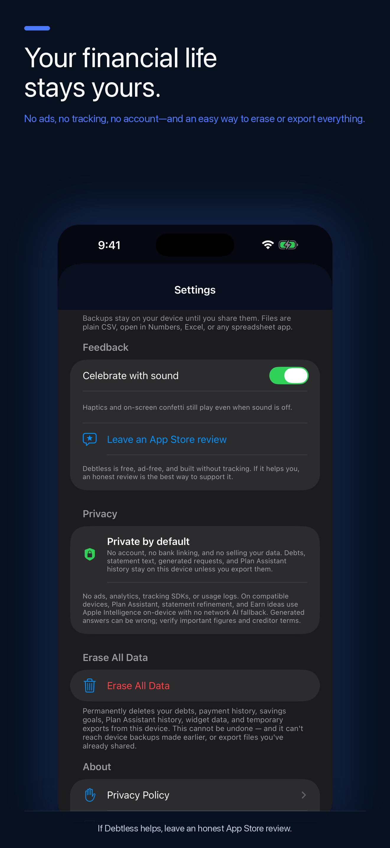 Debtless privacy controls