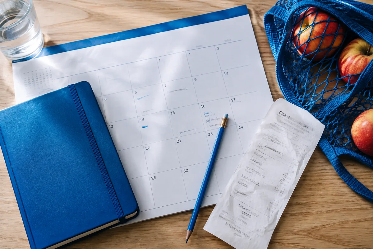Paper calendar and blue notebook beside groceries and a receipt
