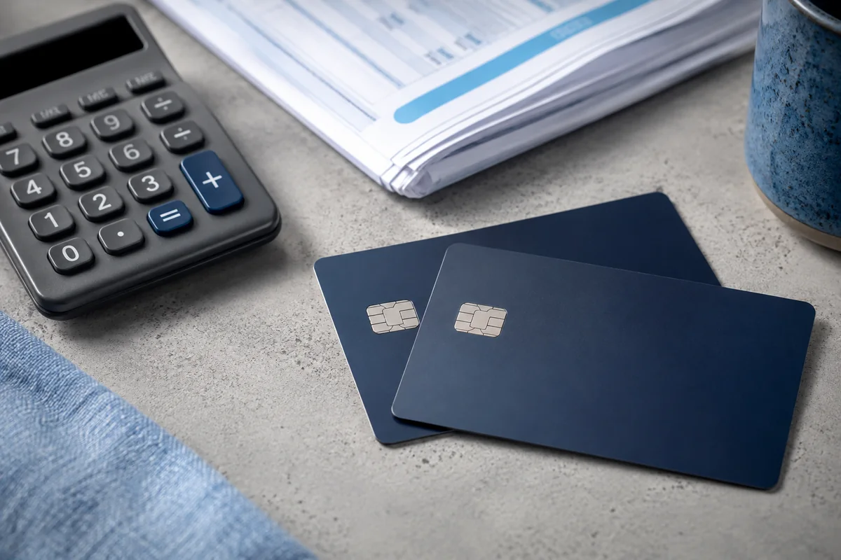 Unbranded blue payment cards beside a calculator and paper statement