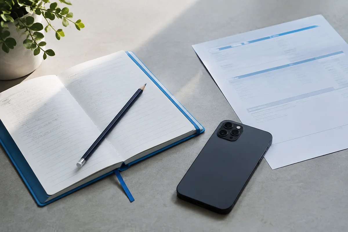 Phone placed face down beside a notebook and paper statement