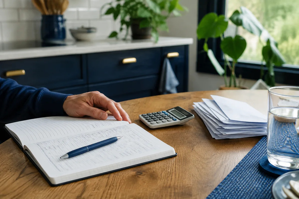 Notebook, calculator and organized envelopes on a kitchen table