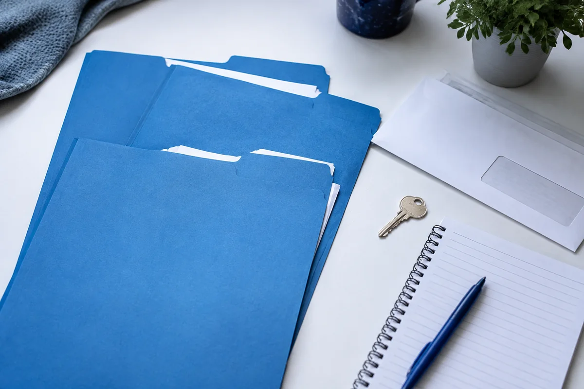 Organized household bills, a key and blue folders on a desk