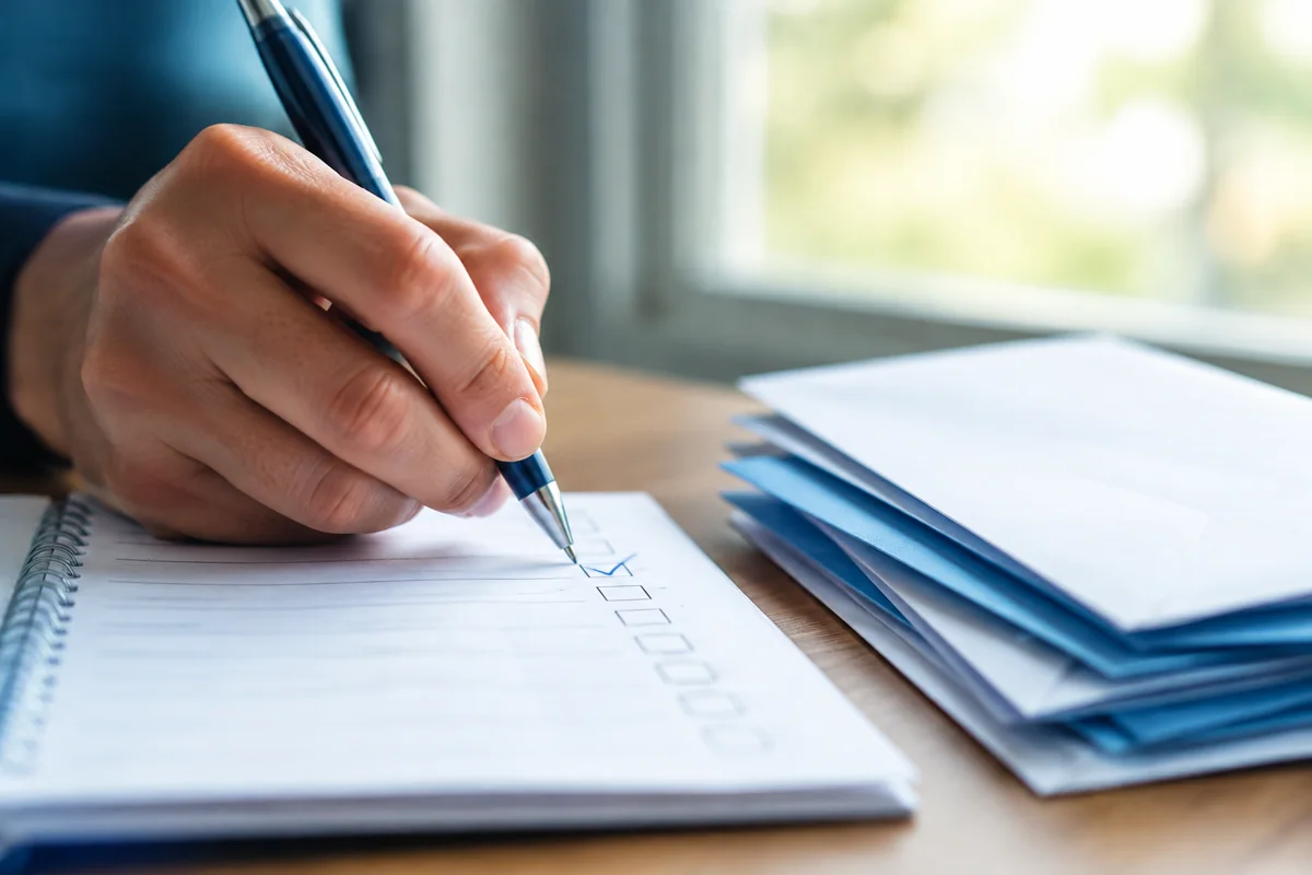 A hand checking a paper payment ledger with a blue pen