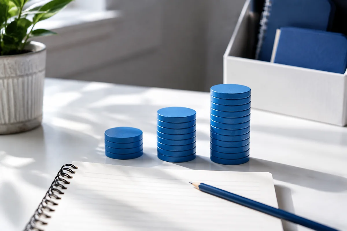 Three different-height stacks of blue wooden discs beside a notebook