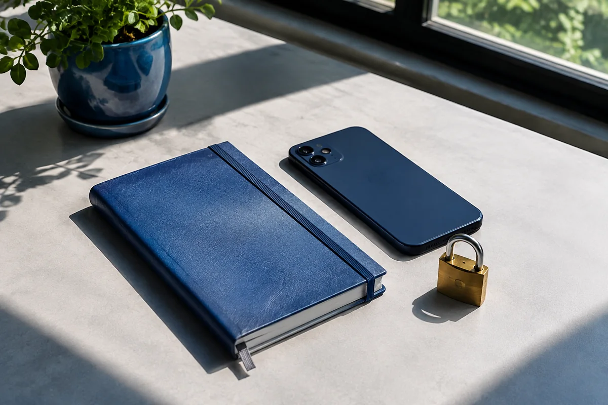 A closed blue notebook, face-down phone and small lock on a desk